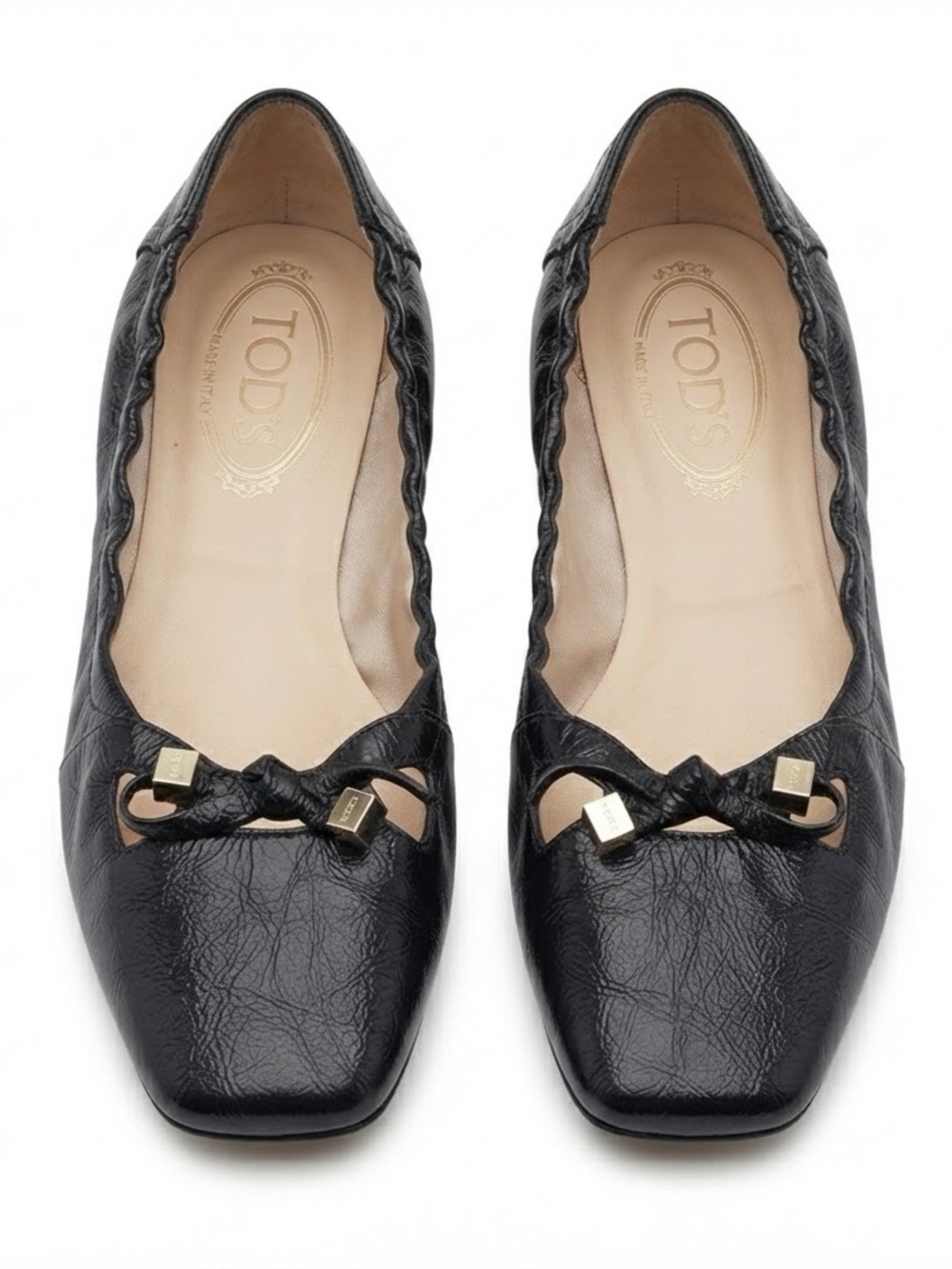 TOD’S Black Women's Square-Toe Ballet Flats with Bow Accent Size 10